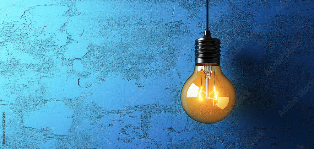 Hanging light bulb against textured blue wall, creating warm and inviting atmosphere. soft glow of bulb enhances simplicity of design, making it perfect focal point