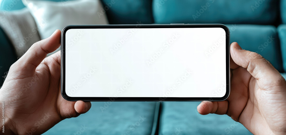 Person holding mobile device with blank screen, showcasing minimalist design. background features cozy couch, creating relaxed atmosphere