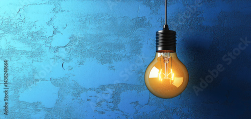 Hanging light bulb against textured blue wall, creating warm and inviting atmosphere. soft glow of bulb enhances simplicity of design, making it perfect focal point