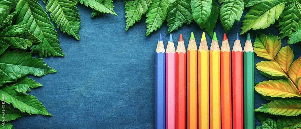 Colorful pencils arranged neatly among vibrant green leaves create refreshing and artistic atmosphere. This minimalist composition highlights creativity and nature beauty