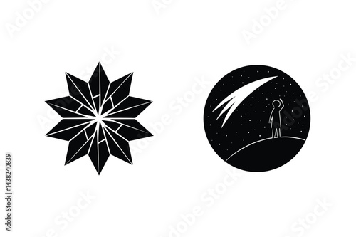 Geometric Star Logo Design And Person Watching Shooting Star In Night Illustration
