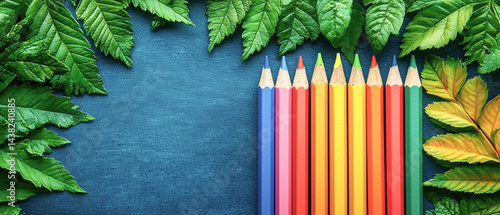 Obraz na płótnie Colorful pencils arranged neatly among vibrant green leaves create refreshing and artistic atmosphere. This minimalist composition highlights creativity and nature beauty w salonie