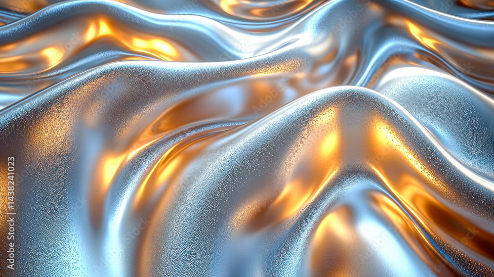 Closeup of smooth, flowing fabric with shimmering blue and gold tones, creating dynamic and elegant appearance. texture reflects light beautifully, evoking sense of luxury and depth