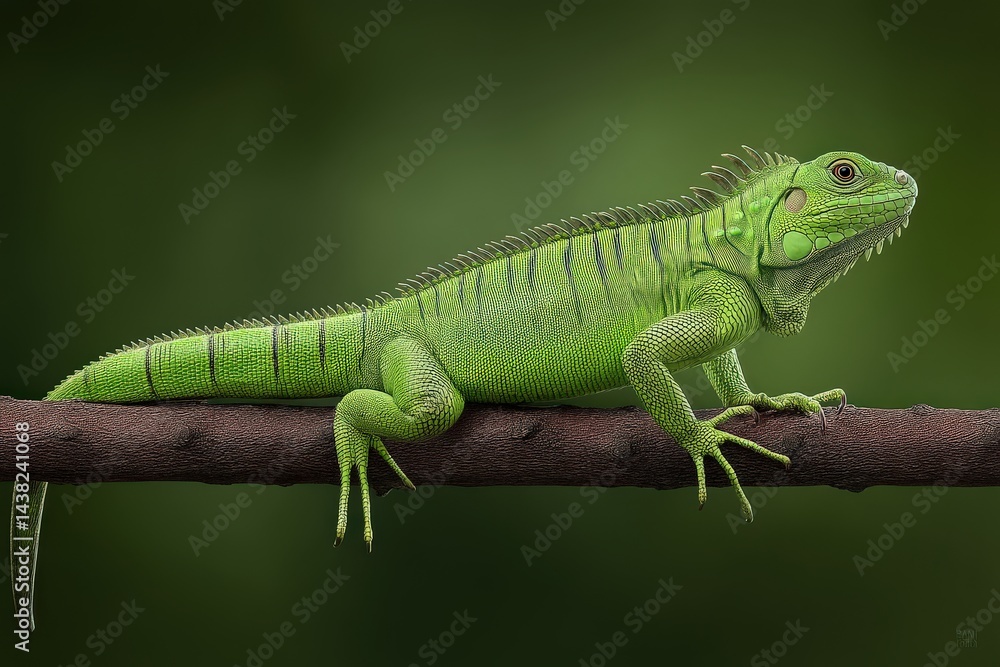 Small green iguana with thin tail walking across narrow branch in jungle setting surrounded by leafy foliage captured in full body reptile photo under bright light Small green iguana with thin tail walking across narrow branch in jungle setting surrounded by leafy foliage captured in full body reptile photo under bright light