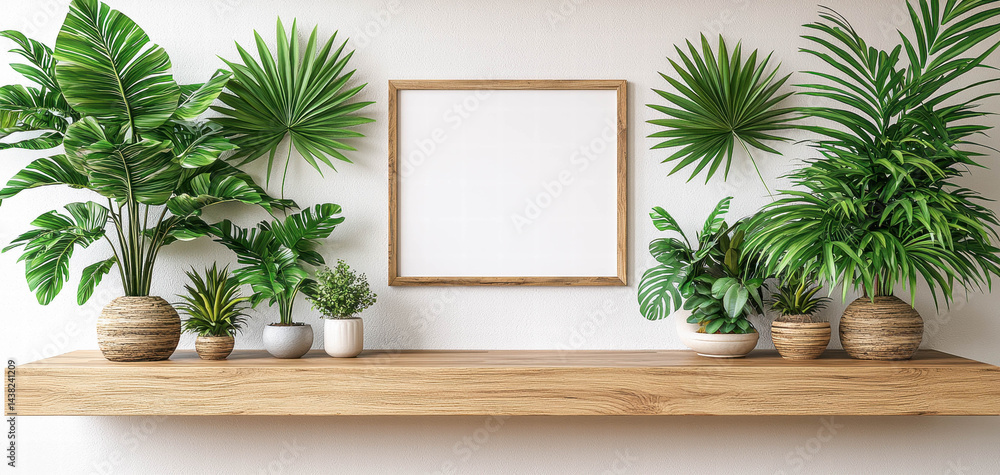Modern interior design featuring wooden shelf adorned with various potted plants and blank poster frame. lush greenery adds refreshing touch, creating serene atmosphere