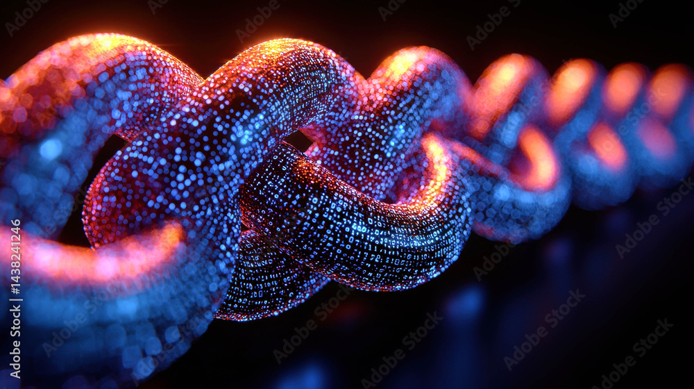Vibrant and detailed image of digital chain, showcasing blend of blue and orange colors with focus on binary code elements. This representation symbolizes connectivity and technology