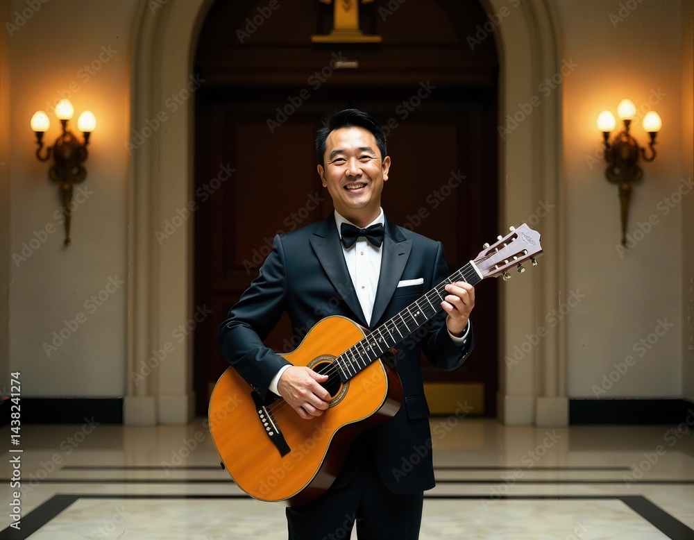 Smiling Asian Man in Tuxedo Playing Classical Guitar in Elegant Hallway