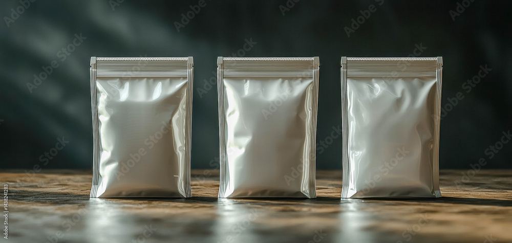 Three white stand up pouches arranged row wooden surface, showcasing their sleek design and reflective material. lighting creates soft ambiance, enhancing visual