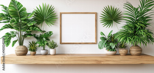 Obraz na płótnie Modern interior design featuring wooden shelf adorned with various potted plants and blank poster frame. lush greenery adds refreshing touch, creating serene atmosphere w salonie