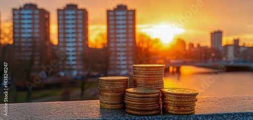 Obraz na płótnie Stunning image showcasing stack of golden coins foreground, with vibrant sunset illuminating skyline of residential buildings background. warm hues of sunset create serene atmosphere w salonie