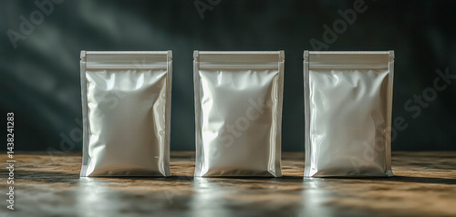 Obraz na płótnie Three white stand up pouches arranged row wooden surface, showcasing their sleek design and reflective material. lighting creates soft ambiance, enhancing visual w salonie