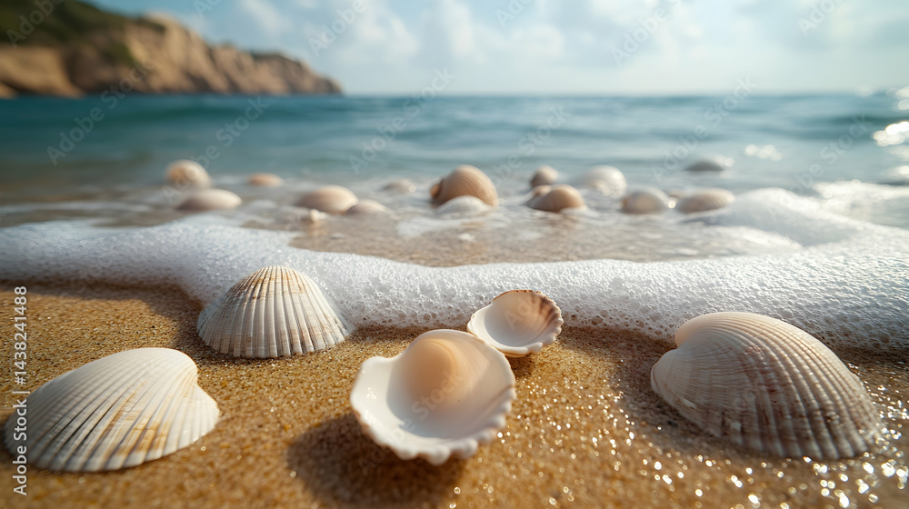 Seashells scattered on golden sand meeting ocean waves on a sunny day with a distant rocky coast Seashells scattered on golden sand meeting ocean waves on a sunny day with a distant rocky coast