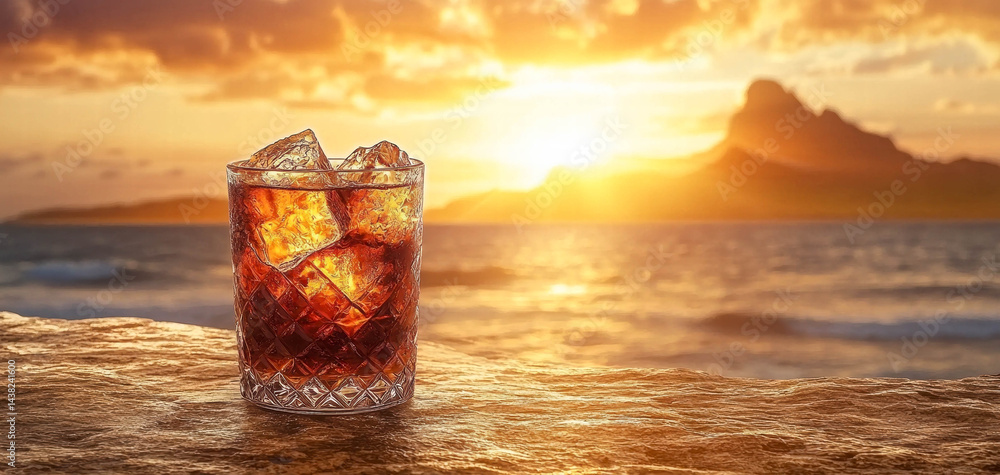 Refreshing glass of dark beverage with ice sits on stone surface, illuminated by stunning sunset over ocean. warm colors of sky create serene atmosphere