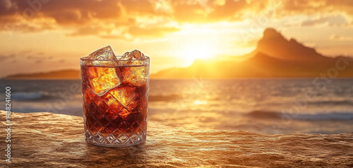 Obraz na płótnie Refreshing glass of dark beverage with ice sits on stone surface, illuminated by stunning sunset over ocean. warm colors of sky create serene atmosphere w salonie