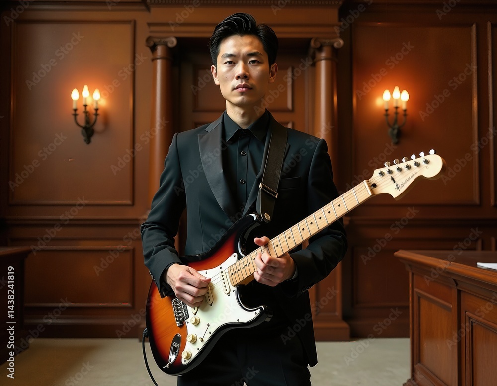 Musician in Tuxedo Playing Electric Guitar in Elegant Room