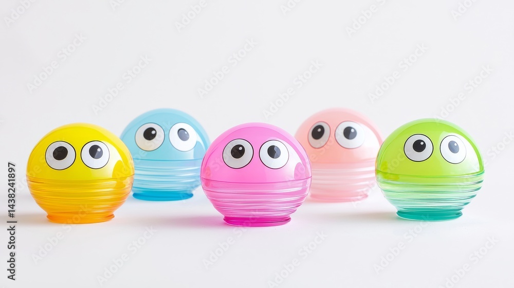 Obraz premium Colorful Bouncing Eyeball Toys in Neon Hues on a Light Background