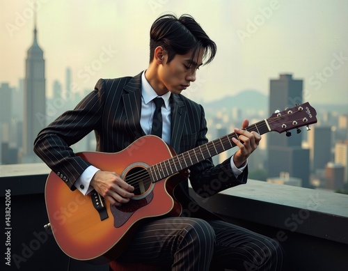 Young Man in Suit Playing Acoustic Guitar on Rooftop with City Skyline