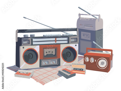 レトロな カセット テープ プレイヤー とラジオ の イラスト 赤
