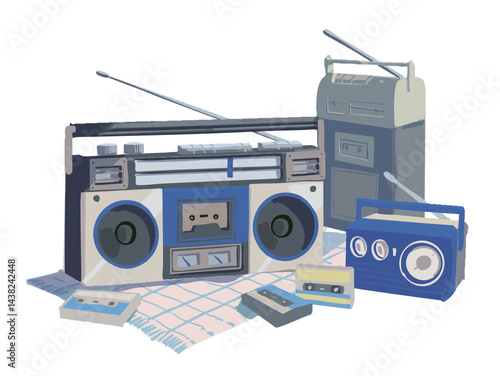 レトロな カセット テープ プレイヤー とラジオ の イラスト 青