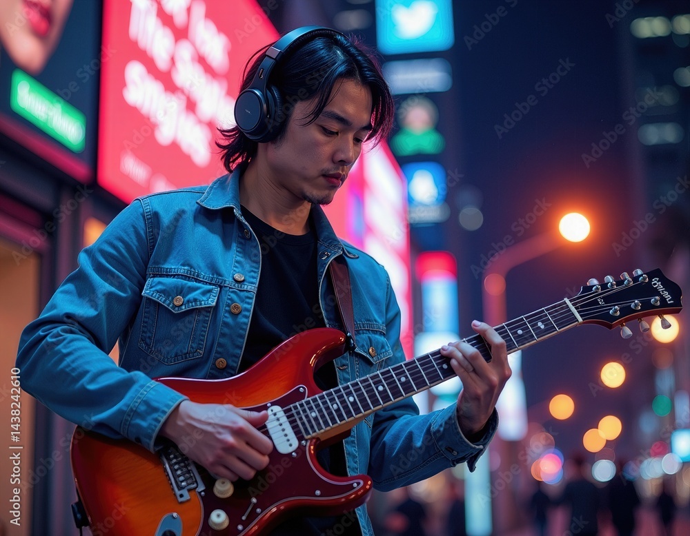 Asian Musician Playing Electric Guitar at Night in City