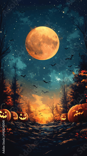 Glowing Halloween Town Under Full Moon.
