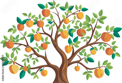 A vibrant vector art illustration depicting a lush, pruned tree laden with colorful fruits, symbolizing growth, abundance, and careful cultivation.