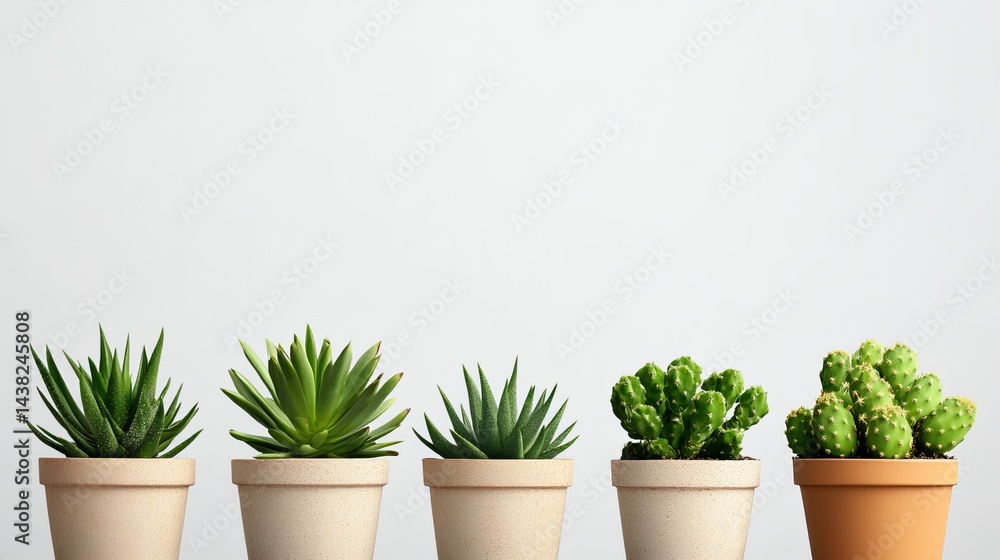 Fototapeta premium Five Succulents in Pots Minimalist Home Decor Green Plants Natural Botany Beautiful Indoor Plants Stylish Greenery Potted Plants Simple Home Decor 