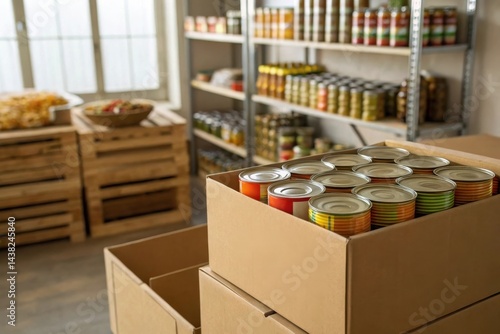 A pantry with shelves stocked with canned goods and boxes of food ready for distribution