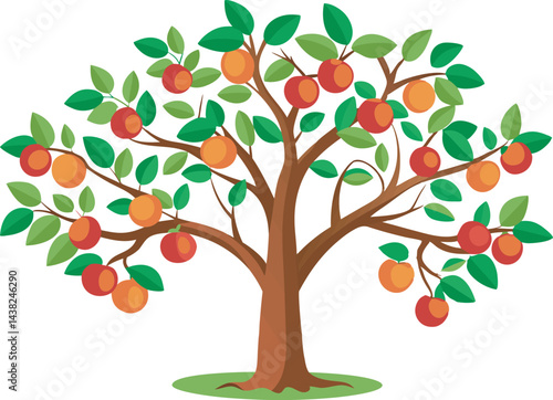 A vibrant vector art illustration depicting a lush, pruned tree laden with colorful fruits, symbolizing growth, abundance, and careful cultivation.