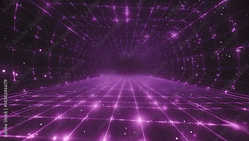 Fototapeta premium Glowing purple grid tunnel, digital art