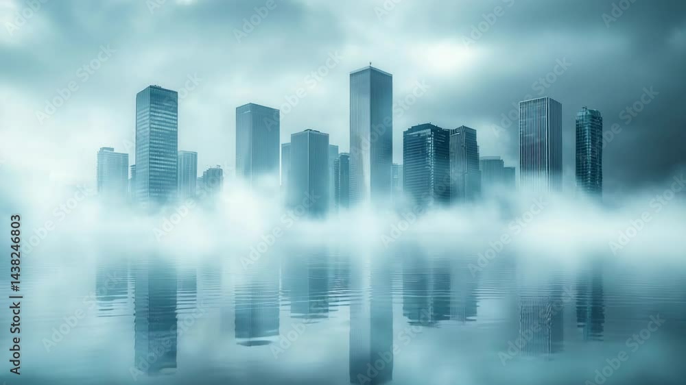 Fog envelops tall skyscrapers in a city skyline at dawn reflecting in calm waters Fog envelops tall skyscrapers in a city skyline at dawn reflecting in calm waters