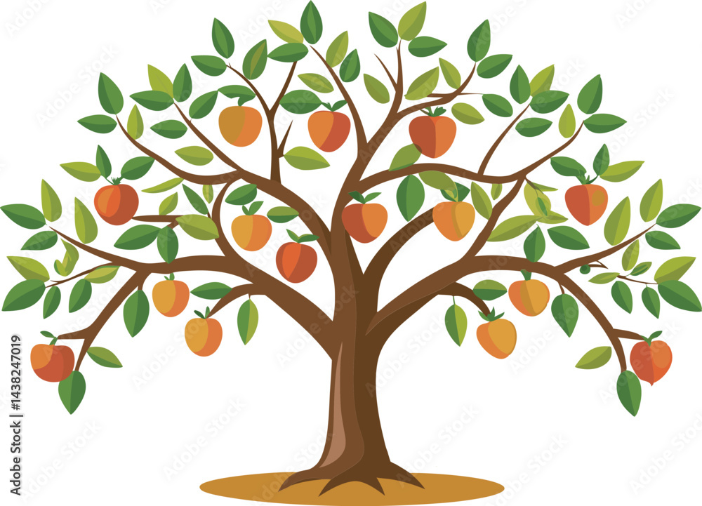 Obraz premium A vibrant vector art illustration depicting a lush, pruned tree laden with colorful fruits, symbolizing growth, abundance, and careful cultivation.