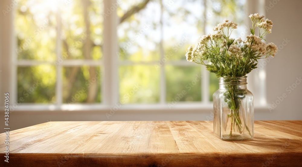 Wooden table, flowers, window view Wooden table, flowers, window view