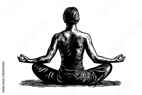 Engraved yogi in lotus pose, side-profile mindfulness illustration