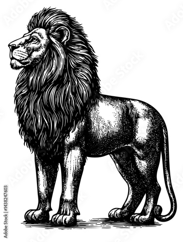 Lion Victorian engraving, resting pose, finely hatched mane