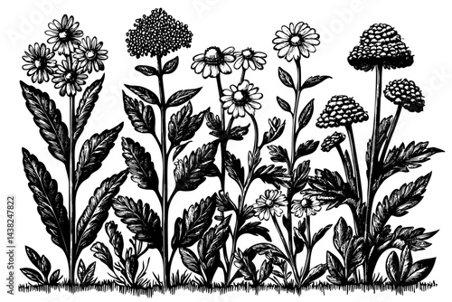 Vintage healing herbs plate, finely hatched botanical etching