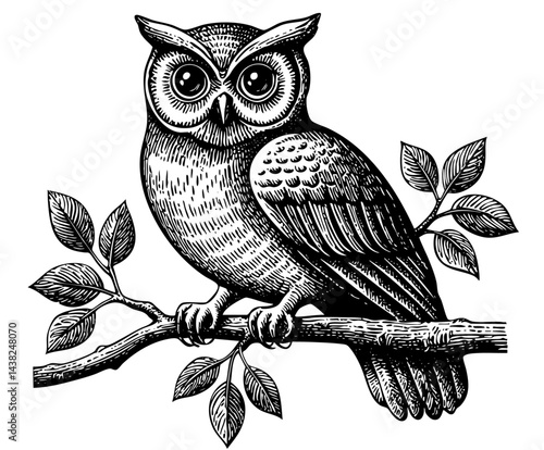 Owl engraving front perch minimal woodland style