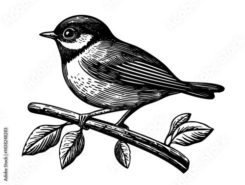 Songbird on twig engraving resting pose illustration
