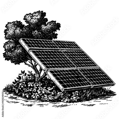 Solar panels engraving sunlit field eco energy scene 337