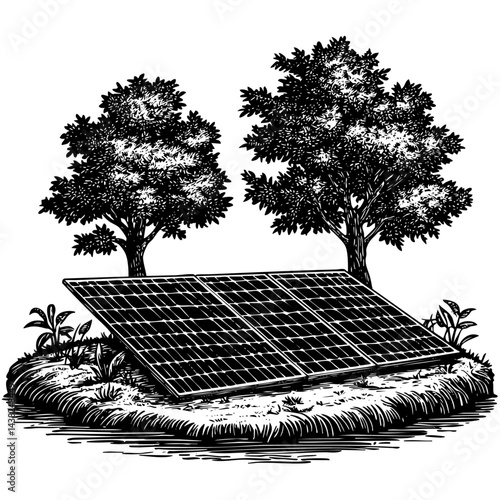 Solar panels engraving mountain backdrop eco scene 337