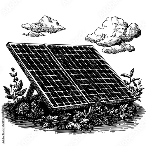 Solar panels engraving forest edge eco energy scene 337