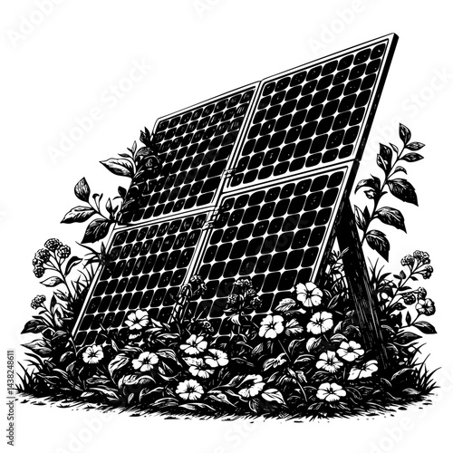 Solar panels engraving rolling hills eco energy scene eaf