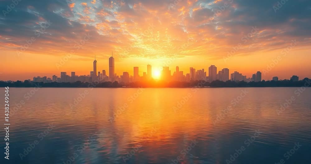 Sunrise over city skyline reflection Sunrise over city skyline reflection