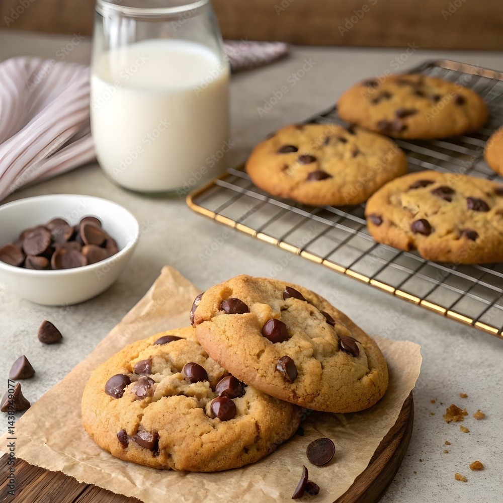 Freshly baked chocolate chip cookies are piled high on a rustic wooden table. Warm, each cookie bursting with gooey chocolate chips Freshly baked chocolate chip cookies are piled high on a rustic wooden table. Warm, each cookie bursting with gooey chocolate chips