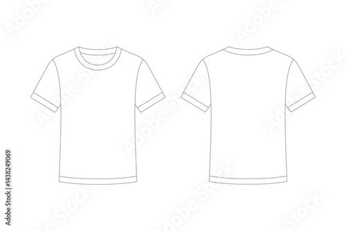 A minimalistic, line art illustration of a Round Neck T shirt template, showing both front and back views. Ideal for fashion design mockups, clothing production, or branding presentations.