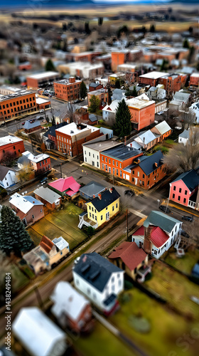 Aerial View of Vibrant Urban Landscape: Colorful Rooftops, Architecture & Green Spaces in Small Town Cityscape
