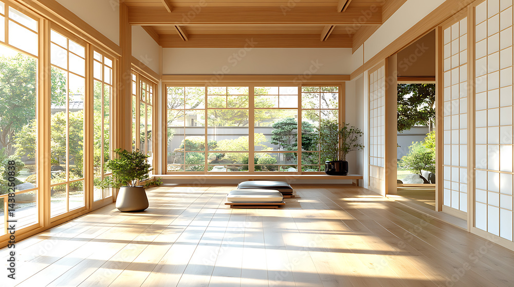 Fototapeta premium Sunlit Conservatory: A tranquil and spacious conservatory filled with natural light, featuring large windows showcasing lush greenery and a polished concrete floor.