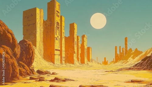Desolate, sun-drenched ruins in a desert landscape
