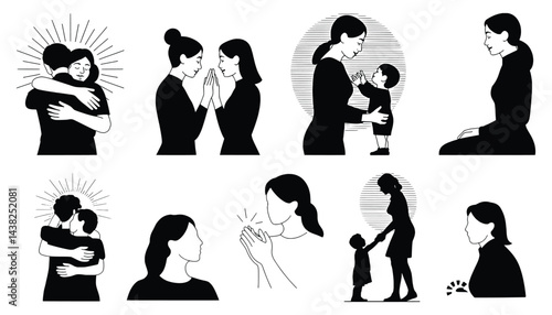 Black and white illustrations of affectionate relationships family moments and supportive women