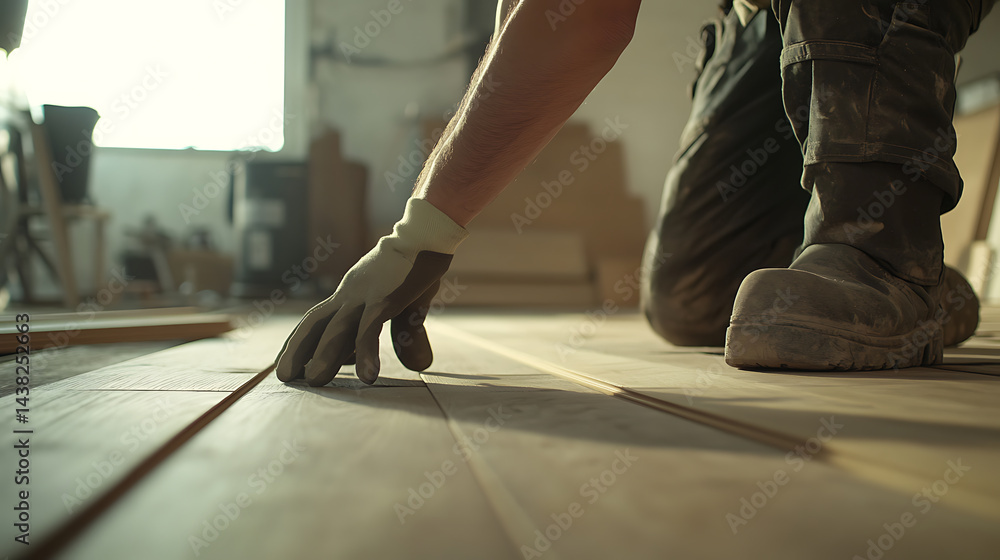 Fototapeta premium Worker Installing Wooden Flooring
